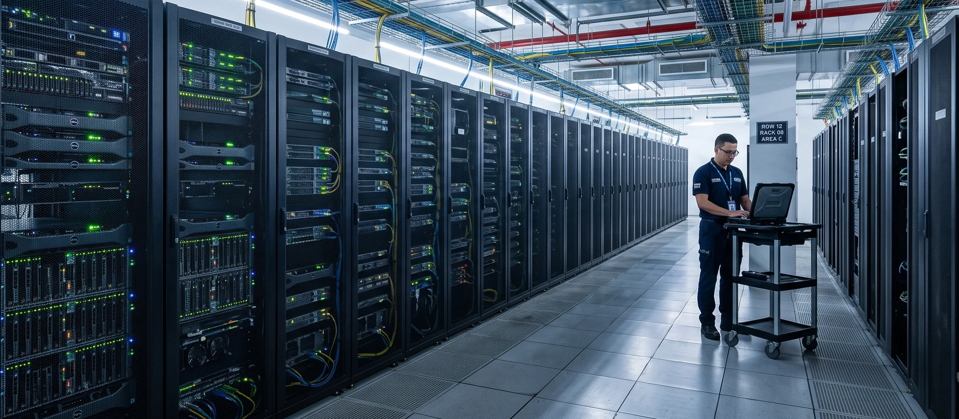 AI data center fiber infrastructure — high-density MPO cabling, ODF patch panels, and fiber distribution for GPU clusters